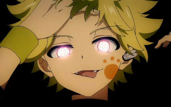 Close-up of Kengo Yozakura from Yozakura Family with glowing eyes and a playful expression, rendered in 4K Ultra HD for PC desktop wallpaper.