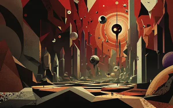 A striking 4K Ultra HD PC desktop wallpaper featuring a surreal landscape of jagged mountains, floating spheres, and a red-hued sky, evoking a sense of otherworldly adventure.