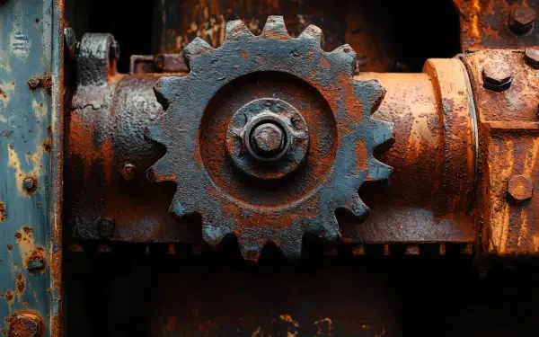 Close-up of a rusty gear and machinery, showcasing vibrant textures and colors. This image serves as a striking 4K Ultra HD desktop wallpaper and background.