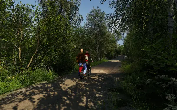 A serene scene from Finnish Cottage Simulator, showcasing a character riding a bike along a peaceful forest path, surrounded by lush greenery and sunlight filtering through the trees.