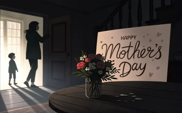 A warm, artistic 4K Ultra HD wallpaper features a flower arrangement beside a Happy Mother's Day sign, capturing a heartfelt moment between a mother and child in silhouette.