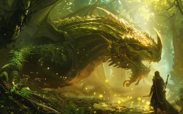 A vivid fantasy adventure scene featuring a majestic dragon in a mystical forest, illuminated by ethereal light and surrounded by glowing particles, creating an enchanting atmosphere.