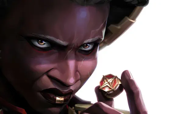 A striking 4K Ultra HD wallpaper featuring Ambessa from the TV show Arcane, showcasing her intense gaze and powerful presence with a prominent emblem in hand.