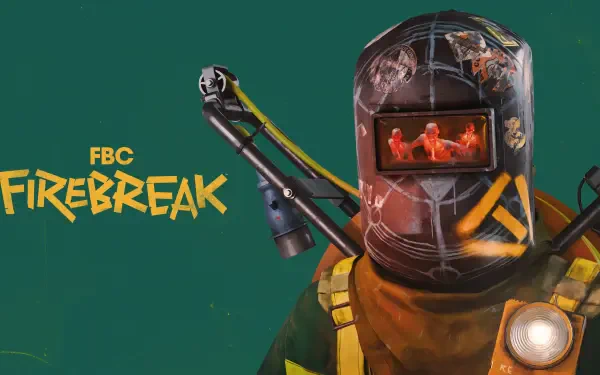 A vibrant 4K Ultra HD wallpaper showcasing a character from the video game FBC: Firebreak, featuring a unique helmet design and bold graphics against a green background.
