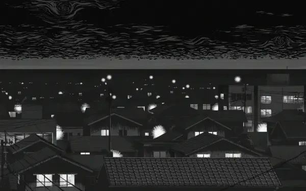 Monochrome manga-inspired HD wallpaper from Uzumaki: Spiral Into Horror, featuring a dark cityscape illuminated by scattered lights against a dramatic sky.