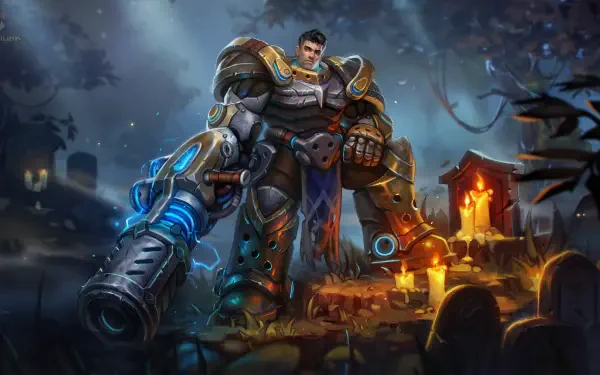 A futuristic, armored character stands in a mystical forest backdrop, illuminated by candles, showcasing vibrant details from the video game Corepunk, serving as an engaging HD PC wallpaper.