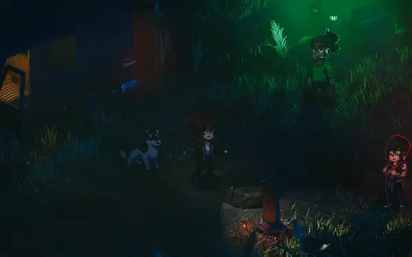 A captivating HD wallpaper from the video game Enigma of Fear, featuring two characters and a dog in a mysterious, overgrown setting illuminated by eerie green light.