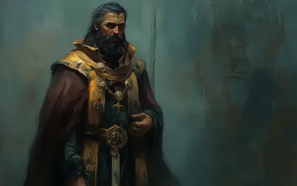 A regal cleric stands confidently, adorned in ornate robes and accessories, against a muted background. This HD PC desktop wallpaper captures a mystical, powerful presence.