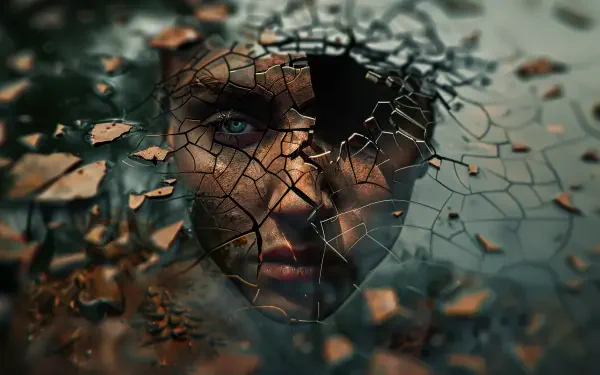 A striking 4K Ultra HD wallpaper featuring a woman's face partially hidden behind cracked surface textures, symbolizing the fragility of humanity.