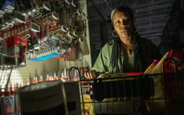 A scene from the TV show Earth Abides, featuring Jessica Frances Dukes in a dimly lit store aisle, pushing a cart filled with supplies against a backdrop of shelves.