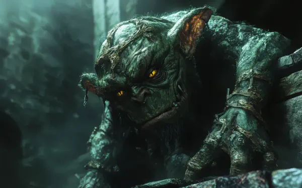 A detailed goblin with glowing yellow eyes emerges from shadows, set against a fantastical background. This 4K Ultra HD image captures the essence of goblincore in stunning clarity.