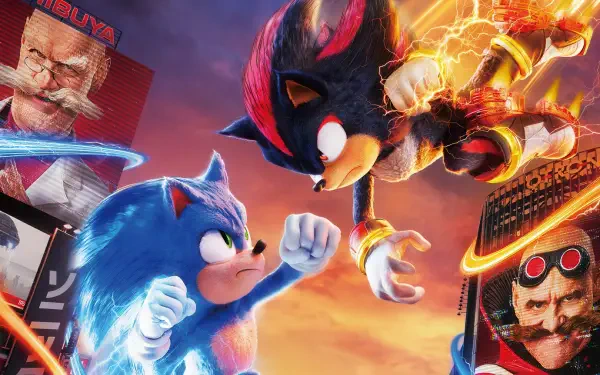 Sonic the Hedgehog 3 characters in dynamic pose with vibrant energy effects, showcased in a 4K Ultra HD PC desktop wallpaper and background.