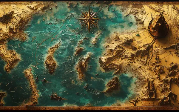 A detailed fantasy map featuring intricate landforms and vibrant waters, showcased in 4K Ultra HD, serves as an engaging desktop wallpaper and background.