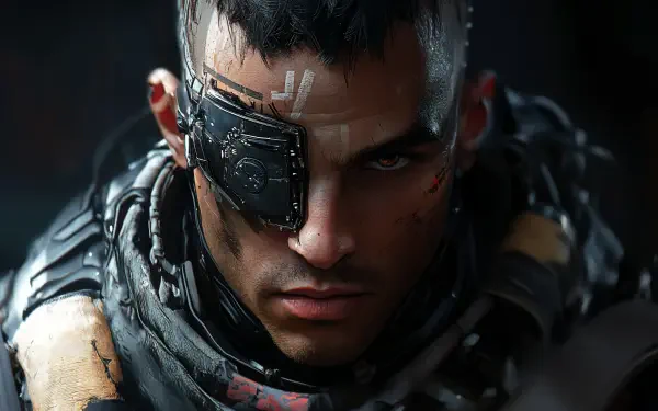 A striking sci-fi image of a man known as a Technomancer, featuring intense details and a futuristic aesthetic, designed as a 4K Ultra HD wallpaper for PC desktops.