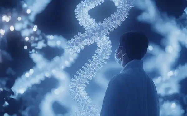 A silhouette of a geneticist in a lab coat observes glowing DNA spirals, set in a sci-fi atmosphere, showcasing a blend of science and futuristic design. 4K Ultra HD quality.