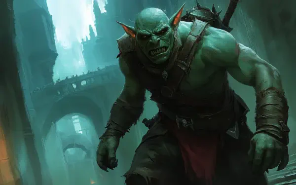 A fierce goblin stands in a mysterious, shadowy landscape, embodying the essence of goblincore in a striking 4K Ultra HD fantasy wallpaper.