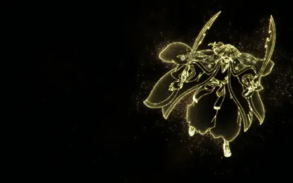 Shunsui Kyōraku from Bleach: Thousand-Year Blood War, rendered in a glowing gold outline floating on a black field — HD PC desktop wallpaper/background.