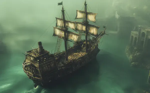 A majestic pirate ship sails through misty waters, featuring billowing sails and intricate details, making it an impressive 4K Ultra HD desktop wallpaper.
