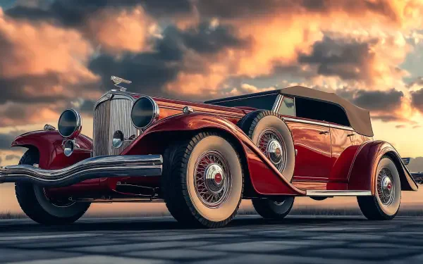 A vintage car gleams under a dramatic sky, showcasing its classic design and polished details, making it an eye-catching 4K Ultra HD desktop wallpaper and background.