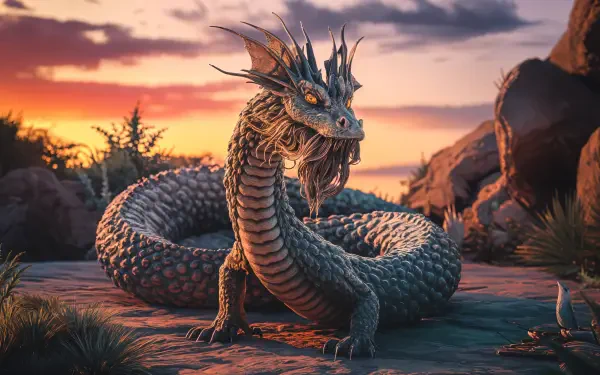 A majestic basilisk coils on rocky terrain, set against a vibrant sunset. This 4K Ultra HD wallpaper captures its intricate scales and fierce expression beautifully.