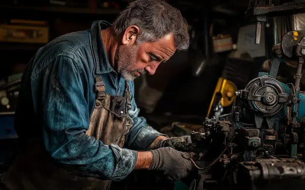 A focused mechanic works meticulously on machinery, showcasing skill and dedication. This 4K Ultra HD image serves as a striking desktop wallpaper and background.