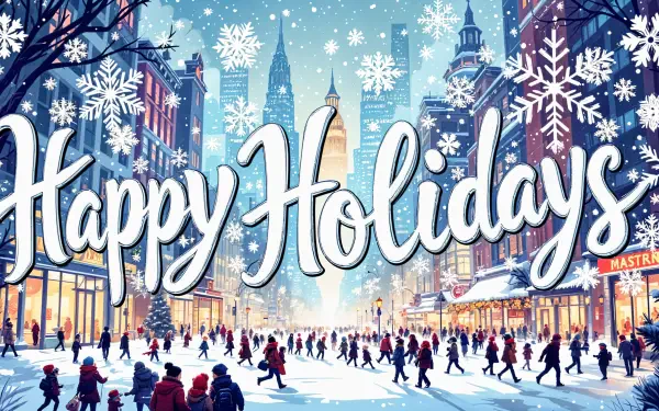 A vibrant winter cityscape in 4K Ultra HD, capturing snowfall and festive cheer with Happy Holidays in bold script across the scene.