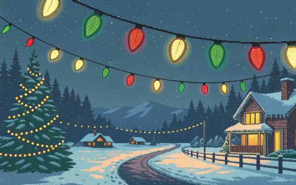 A cozy winter scene featuring a winding path lined with colorful Christmas lights, a decorated tree, and charming snow-covered houses against a night sky. Ideal for a 4K Ultra HD wallpaper.
