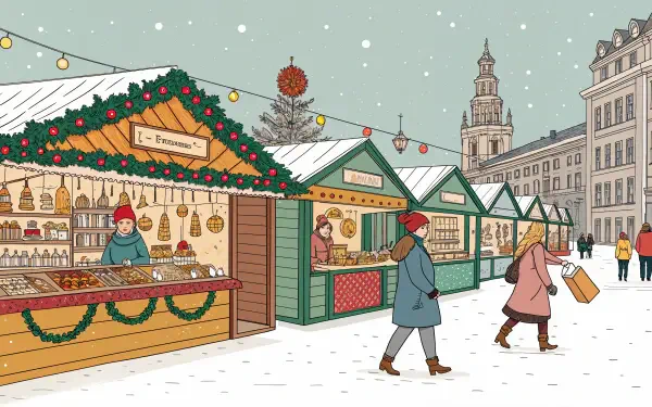 A charming Christmas market scene featuring festive stalls adorned with decorations, visitors exploring the offerings, and snow gently falling, set against a beautiful backdrop. 4K Ultra HD desktop wallpaper.