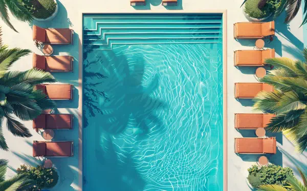Aerial view of a serene poolside scene featuring turquoise water, comfortable loungers, and lush palm trees, captured in vibrant 4K Ultra HD quality.