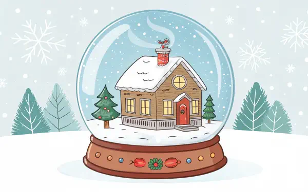 A charming snow globe featuring a cozy house with a chimney, surrounded by snowflakes and evergreens, designed as a 4K Ultra HD PC desktop wallpaper and background.