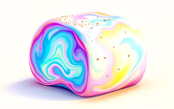 A colorful, swirling marshmallow with shades of blue, pink, and yellow, adorned with gold flecks, set against a simple background, creating a vibrant 4K Ultra HD desktop wallpaper.