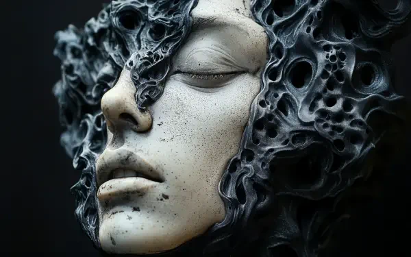 A futuristic synthoid with an intricately detailed face merges with organic, alien-like textures, creating a captivating sci-fi aesthetic in this 4K Ultra HD desktop wallpaper.