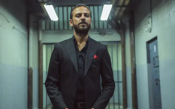 A dramatic scene from the TV show The Pit, featuring a man in a sleek black suit standing confidently in a dimly lit corridor, captured in stunning 4K Ultra HD.