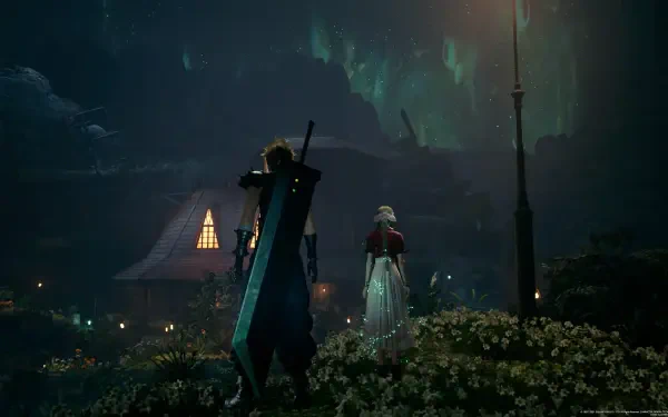 A scene from Final Fantasy VII Remake, featuring a character with a large sword standing in a flower-filled landscape, while another character gazes into the distance under a glowing sky.
