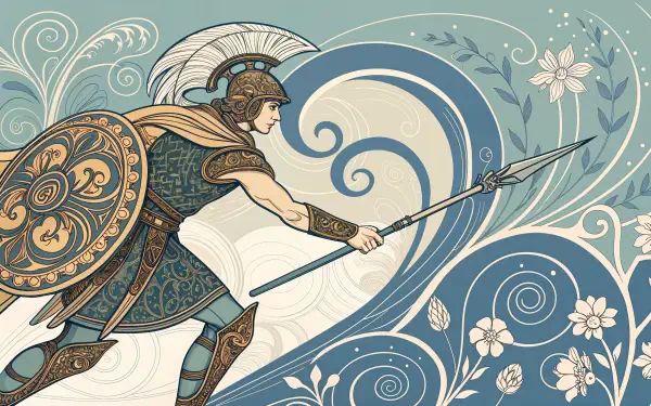 A detailed illustration of a gladiator wielding a spear, adorned in ornate armor, set against a flowing backdrop of swirling patterns and floral motifs. 4K Ultra HD desktop wallpaper.