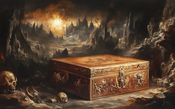 A mysterious Pandora's Box sits amid a dark, haunting landscape filled with skulls and rocky formations, set against a dramatic sunset, making for a captivating HD desktop wallpaper.