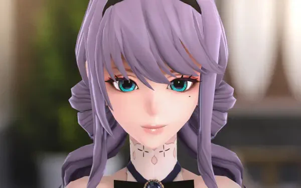 A close-up of a character from the video game FANTASIAN Neo Dimension, featuring striking purple hair and vibrant blue eyes, designed as an HD PC desktop wallpaper.