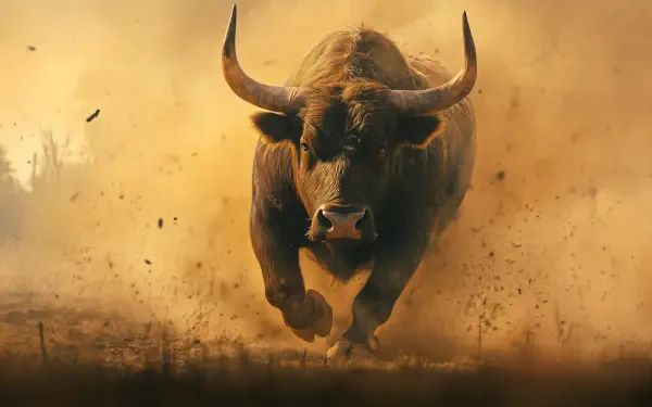 A powerful bull charges through a cloud of dust, showcasing its strength and movement. This striking image serves as an impressive HD desktop wallpaper and background.