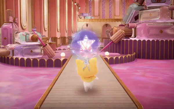 A vibrant scene from the video game Infinity Nikki, featuring a whimsical character navigating a fantastical, pink-hued landscape filled with playful elements. HD PC desktop wallpaper.