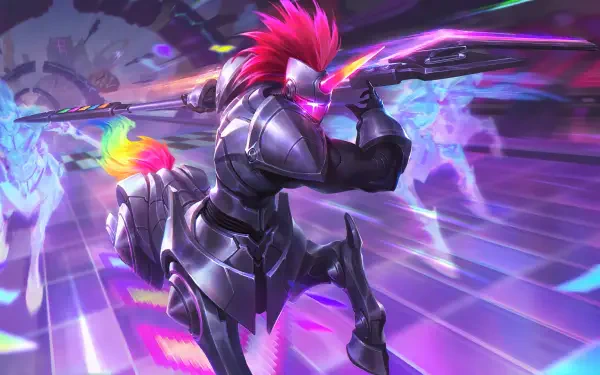 A colorful 4K Ultra HD wallpaper featuring Hecarim from League of Legends, depicted with vibrant colors and dynamic action in a futuristic setting.