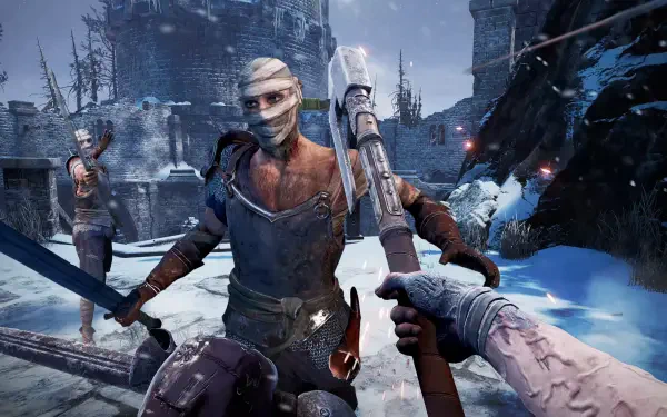 A thrilling scene from Skydance's BEHEMOTH, featuring characters in a snowy landscape with weapons drawn, showcased as a 4K Ultra HD PC desktop wallpaper.