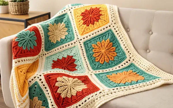 A beautifully crafted crochet blanket featuring vibrant floral squares in warm colors, displayed elegantly on a light sofa, serving as a 4K Ultra HD desktop wallpaper.