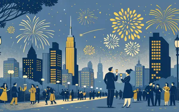 A vibrant New Year's Eve scene features fireworks lighting up a city skyline, with couples celebrating amidst a festive crowd, captured in stunning 4K Ultra HD detail.