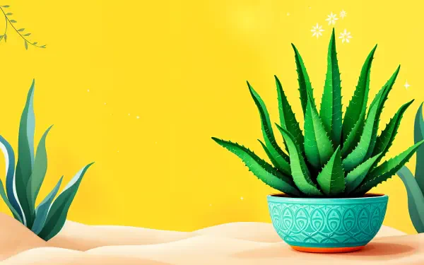 A vibrant aloe vera plant in a decorative turquoise pot stands against a bright yellow background, creating a lively 4K Ultra HD desktop wallpaper.