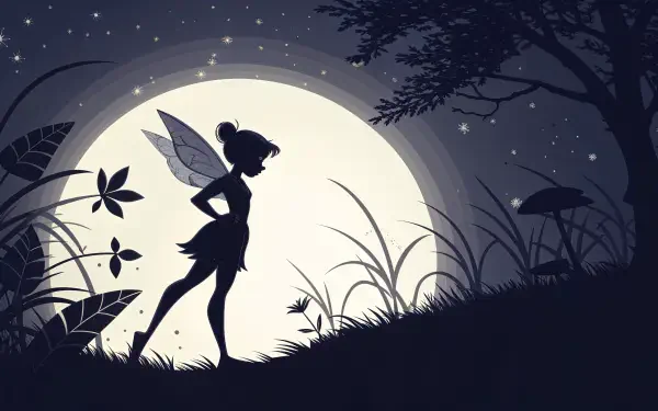 A silhouette of Tinker Bell stands gracefully against a full moon, surrounded by foliage and stars, creating a magical night scene. 4K Ultra HD desktop wallpaper and background.