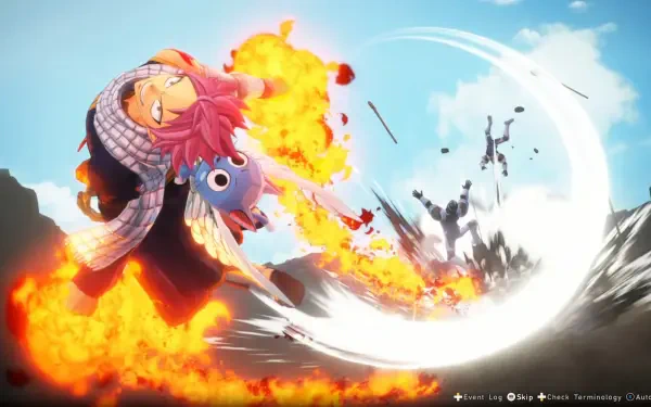 A dynamic scene from the video game FAIRY TAIL 2, featuring a character enveloped in flames, performing an action move against a backdrop of intense battle. High-definition wallpaper.