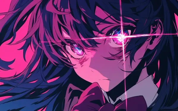 High-definition anime wallpaper featuring Ai Hoshino from Oshi no Ko, showcasing her striking purple hues and captivating gaze. Ideal for fans of vibrant anime art.