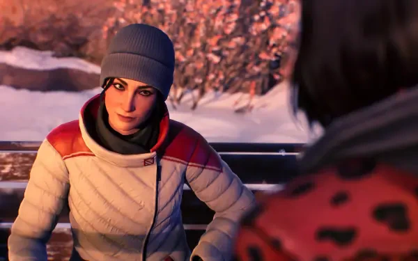 A scene from the video game Life is Strange: Double Exposure, featuring a character in a cozy winter outfit, set against a snowy backdrop. This HD wallpaper captures emotional dialogue and atmosphere.