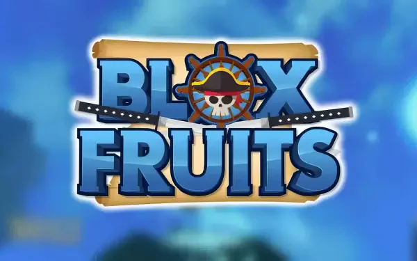 HD PC desktop wallpaper featuring the colorful Blox Fruits logo from the Roblox video game against a vibrant blue sky background.