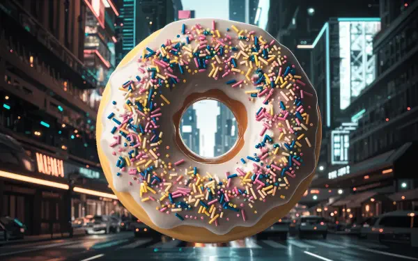 A vibrant doughnut adorned with colorful sprinkles, set against a bustling city street backdrop, showcased in stunning 4K Ultra HD resolution.